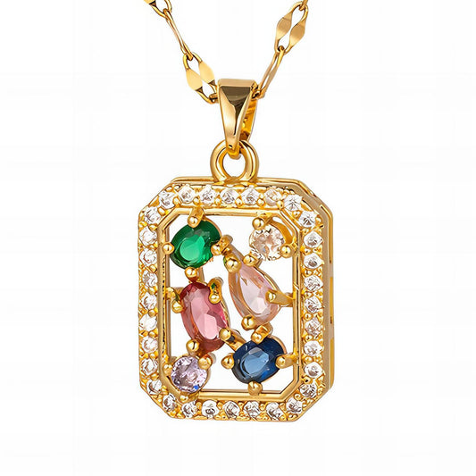 Multi-Stone Rectangular Pendant Necklace - 18k Gold-Plated