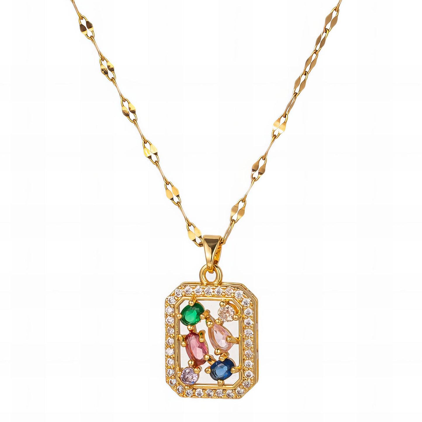 Multi-Stone Rectangular Pendant Necklace - 18k Gold-Plated