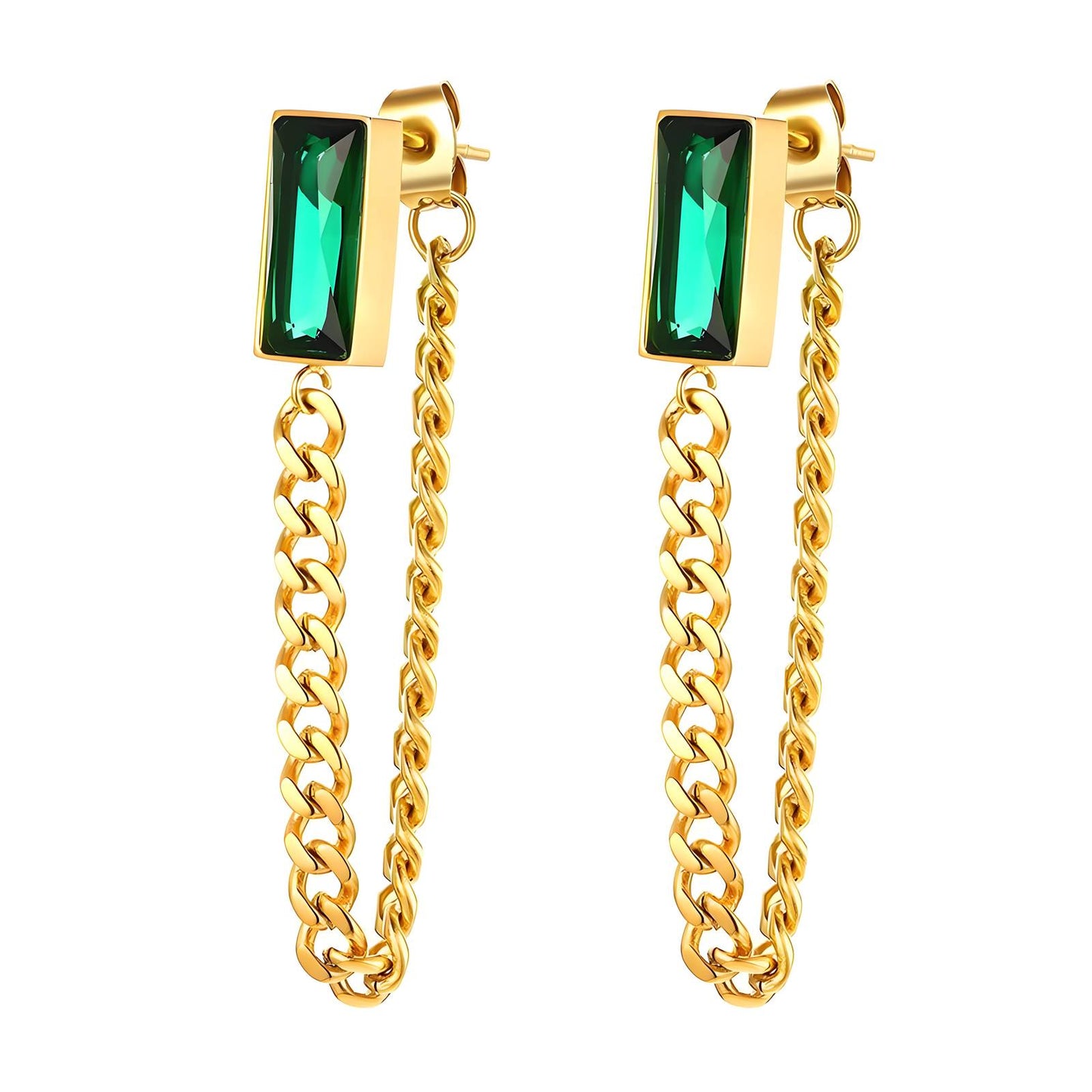 Emerald Radiance Chain Earrings - 18k Gold-Plated