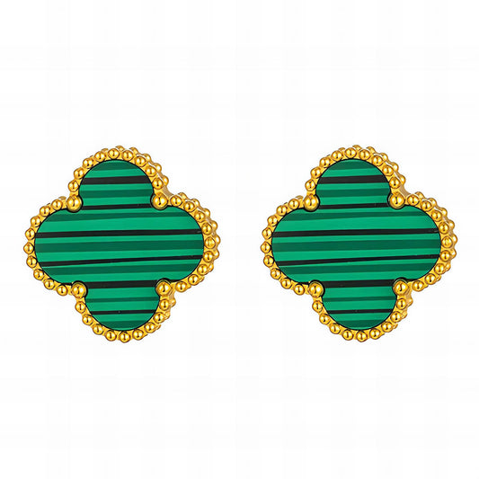 Malachite Clover Stud Earrings - 18k Gold-Plated